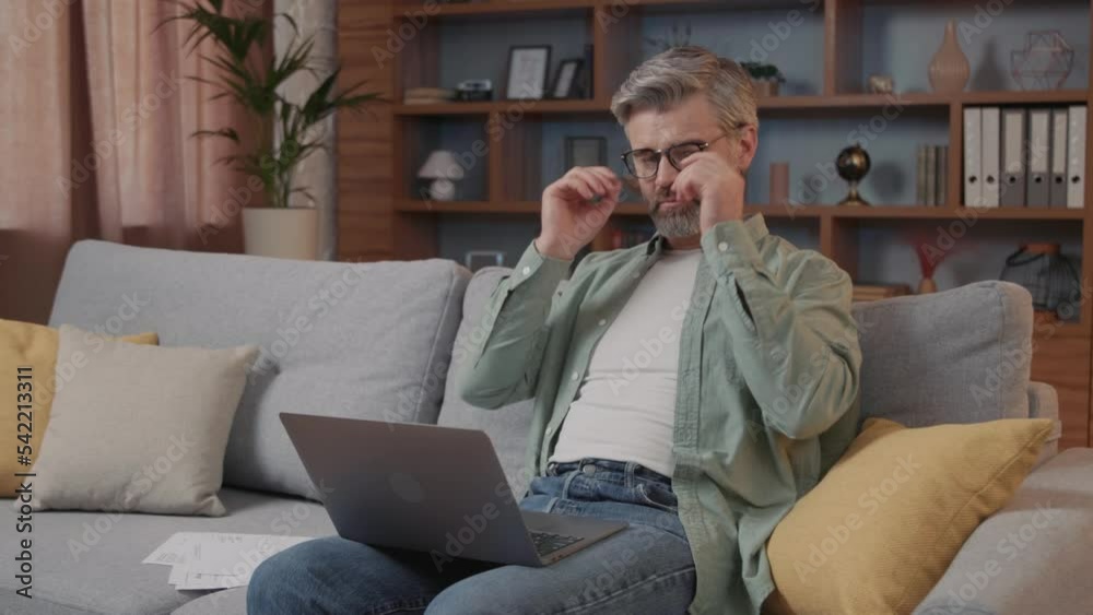 Handsome serious businessman sitting on sofa working remotely with pleasure looking at camera. Mature middle aged man working on laptop sitting on sofa Handsome serious businessman sitting on sofa working remotely with pleasure looking at camera. Mature middle aged man working on laptop sitting on sofa