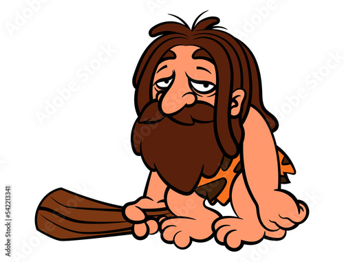 Cartoon illustration of Caveman wearing sabertooth skin outfit and carrying a cudgel. Best for sticker, logo, and mascot with stone age themes for kids