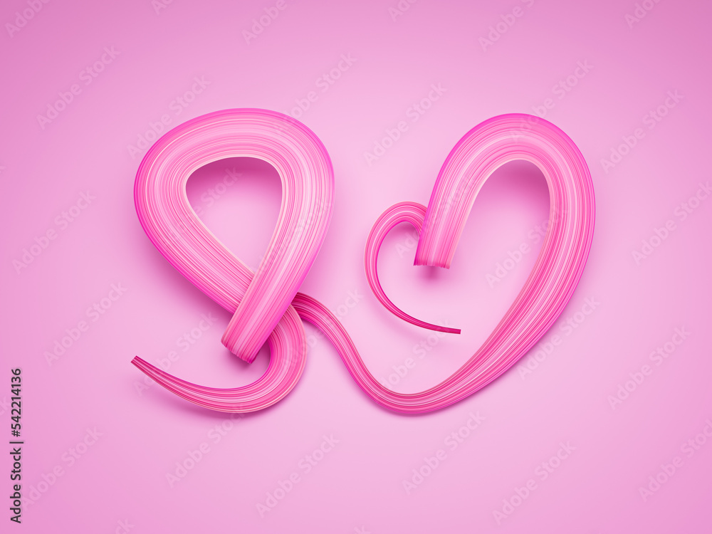 Breast Cancer Awareness Pink Ribbon making Heart shape on pink background 3d illustration