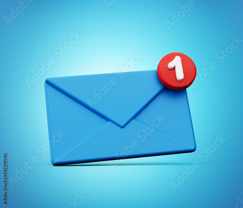 3d mail notification one new email message in the inbox concept isolated on blue background3d illustration