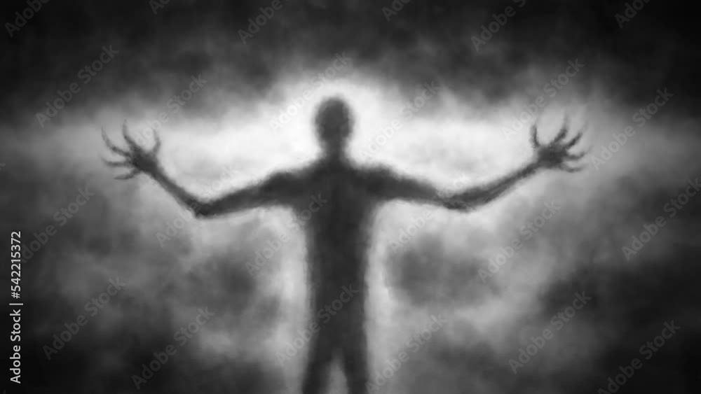 Scary demon sorcerer rises and spreads his arms. Dawn of dark force ...
