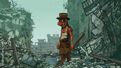 cartoon male survivor of the apocalypse stands in ruins