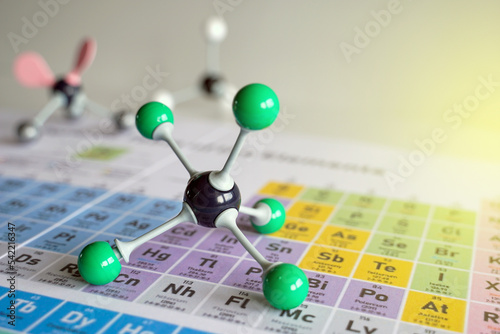 Simulate Shape of covalent molecules on a periodic table background. Soft and selective focus.          photo
