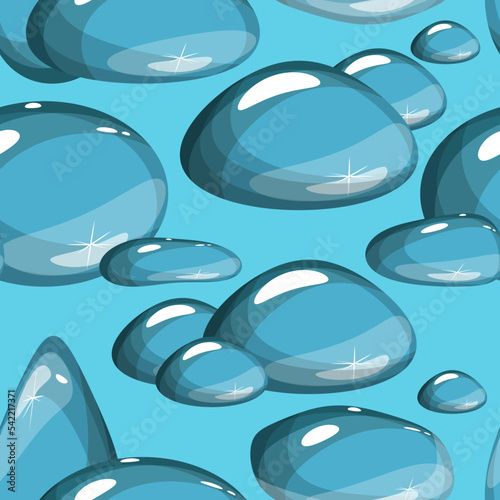 Seamless pattern with water drops of various sizes and shapes on a blue background. Vector illustration