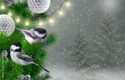 Christmas, New Year's winter holiday background, two birds white tits sit on a spruce branch, decorations, Christmas toys, luminous garland, light bulbs, snowy evening forest, 3d rendering photo