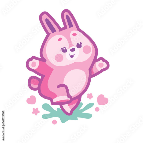 stylized pink hare jumping merrily, cartoon illustration, isolated object on white background, vector,