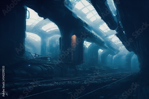 Lifeless gloomy underground city landscape with futuristic dystopia setting. Spectacular cyberpunk sci-fi mechanical structure or subway station in dark scifi metropolis. Digital art 3D illustration. photo