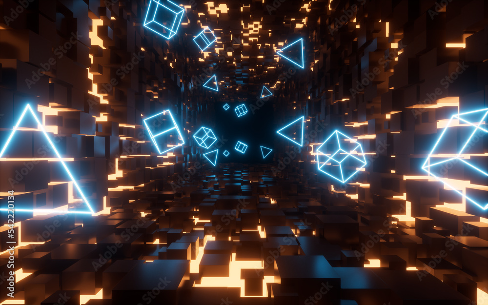 Obraz premium Glowing neon lines and tunnel, 3d rendering.