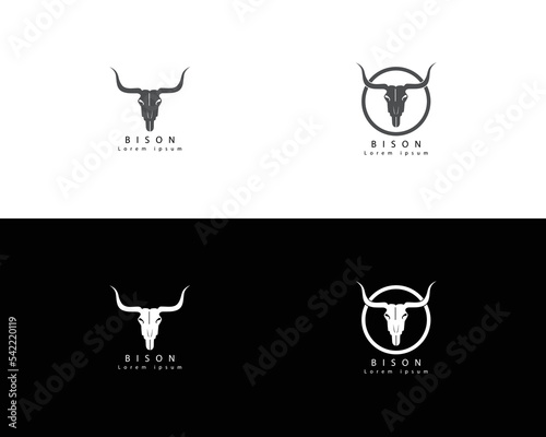 African Bison Bull Head, Silhouette buffalo head Front view logo design template, American buffalo head face elements for logo, label, emblem, sign Isolated on white background vector illustration.