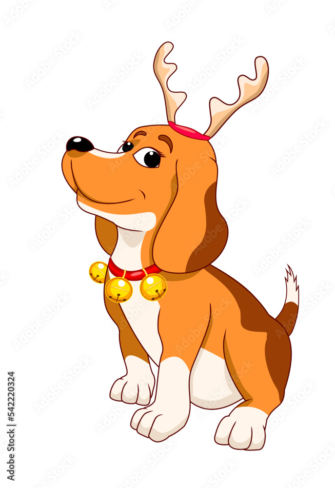 Obraz premium Dog with reindeer antlers and bells. Cartoon dog sits decorated with reindeer antlers and bells. The dog is like a reindeer. Dog with Christmas decorations on a white background