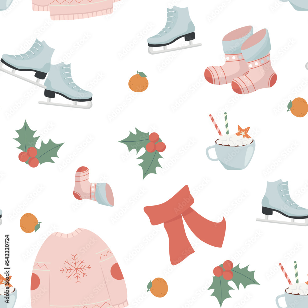 Christmas vector seamless pattern with cozy winter elements Christmas vector seamless pattern with cozy winter elements