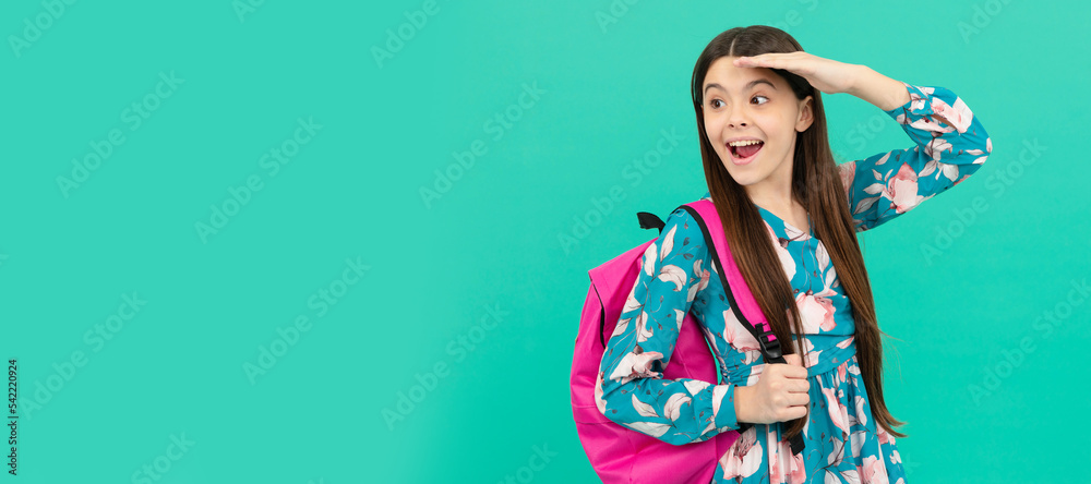 happy child carry backpack going to school looking far away. Banner of school girl student. Schoolgirl pupil portrait with copy space. happy child carry backpack going to school looking far away. Banner of school girl student. Schoolgirl pupil portrait with copy space.