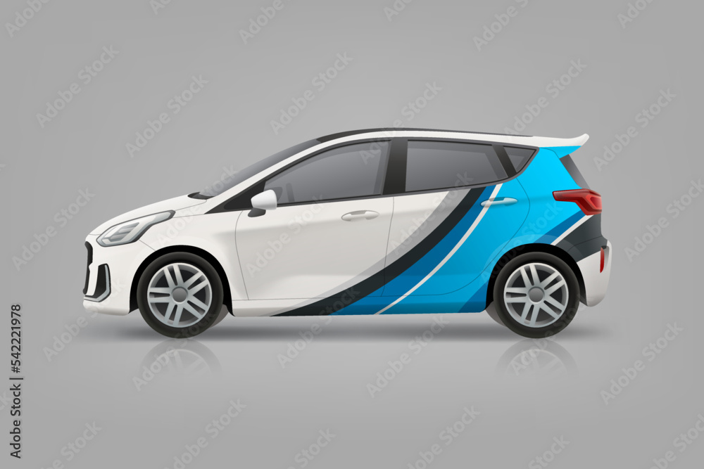 Branding livery on Company Car mockup for corporate identity design. Abstract Blue graphics on corporate vehicle. Editable vector layout