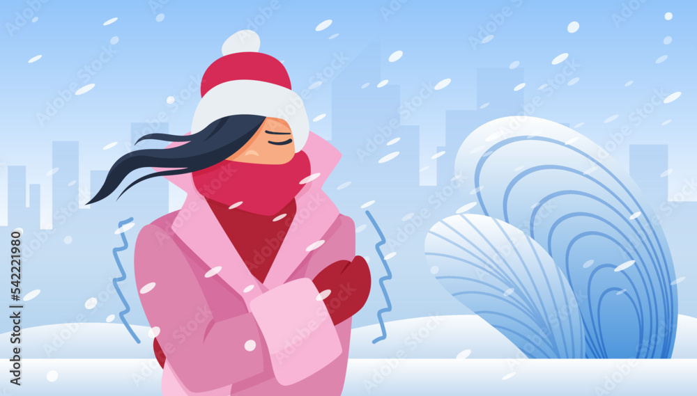 Girl walking in cold winter weather with wind and snow vector illustration. Cartoon young woman in scarf, red mittens and hat standing on snowy city street, hair of lady waving in wind background Girl walking in cold winter weather with wind and snow vector illustration. Cartoon young woman in scarf, red mittens and hat standing on snowy city street, hair of lady waving in wind background