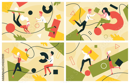 Teamwork of characters with geometric shapes set vector illustration. Cartoon corporate colleague organize silhouettes of figures together, team of partners and teammates building partnership