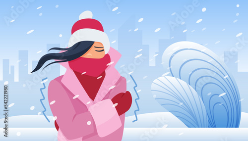 Girl walking in cold winter weather with wind and snow vector illustration. Cartoon young woman in scarf, red mittens and hat standing on snowy city street, hair of lady waving in wind background