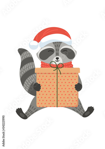 Christmas gift. Raccoon in Christmas hat holding gift box. Children greeting Xmas vector illustration on white background. 