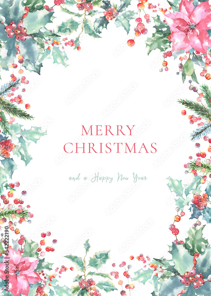 Merry Christmas greeting card. Watercolor floral border illustration. Holly berry,poinsettia woodland forest art. Winter holiday design template for banner, wallpaper, wedding,invite, cover, print diy