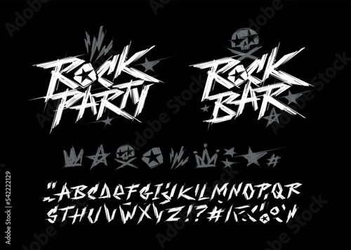 Rock'n'roll Party and Rock Bar vintage style grunge signs collection with type font alphabet vector template. Punk Rock style elements for tee print and textile design