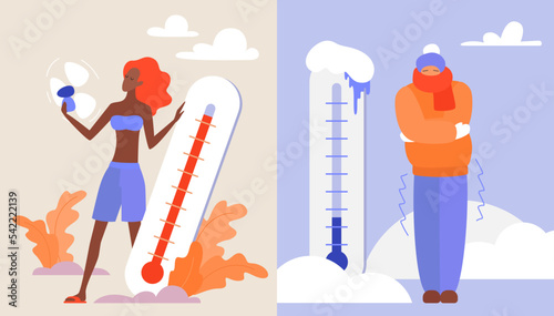 Cold vs hot extreme weather vector illustration. Cartoon girl in summer clothing holding fan and high temperature thermometer, person in warm clothes freezing and shivering in winter snow background
