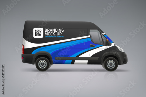 Company Van mockup with branding design. Abstract blue stripes graphics on corporate Car. Side view Delivery Van mock-up. Branding vehicle. Editable vector template