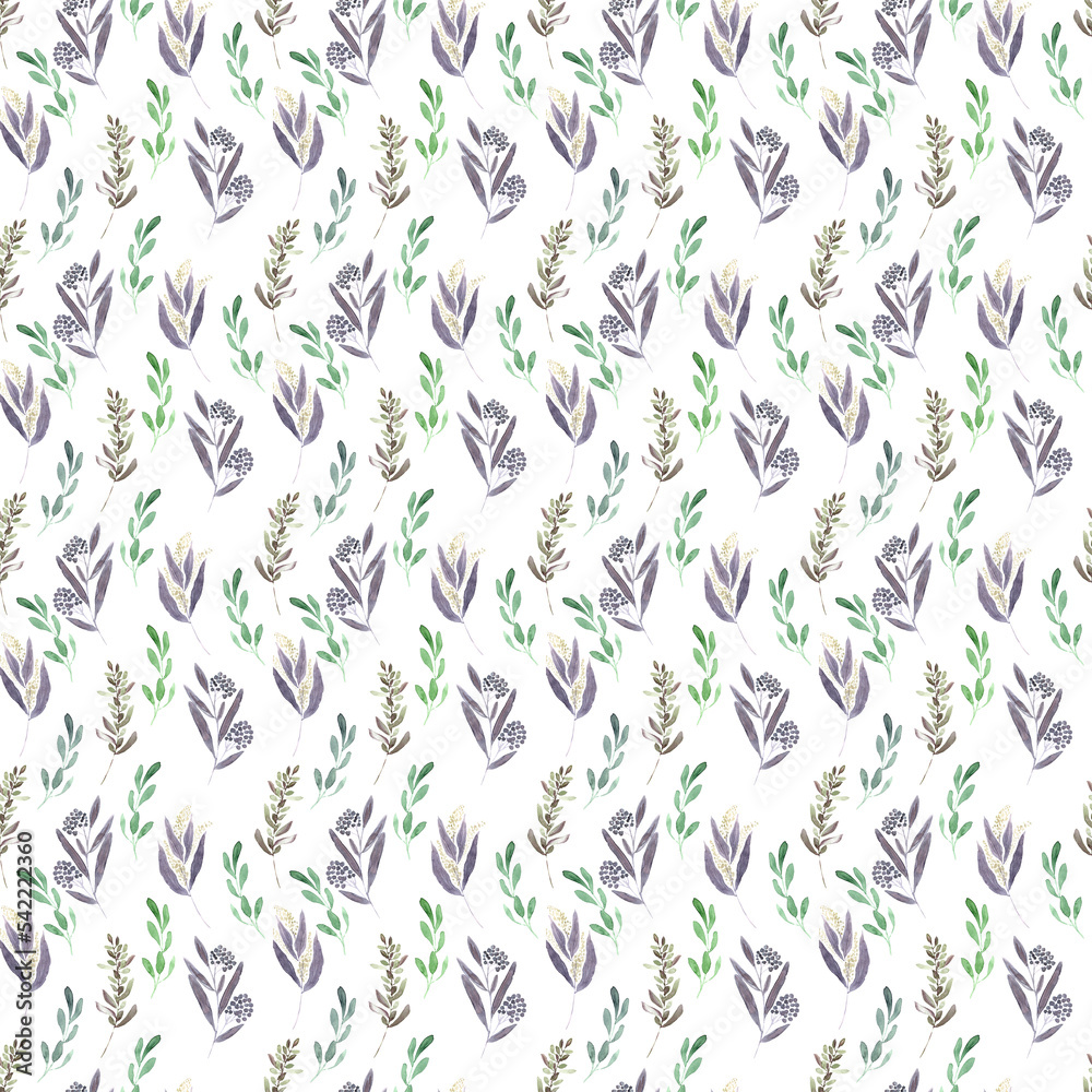 Watercolor seamless pattern with spring flowering plants. Red flowers, branches and leaves