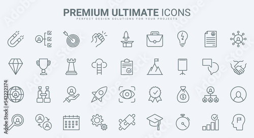 Business challenge and motivation for career growth thin line icons set vector illustration. Abstract outline professional ambitions and risks, success leadership and launch finance projects