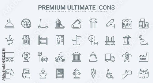 Public city building, infrastructure and facility thin line icons set vector illustration. Abstract outline residential and recreation area, cityscape symbols, skyscrapers and transport, commerce
