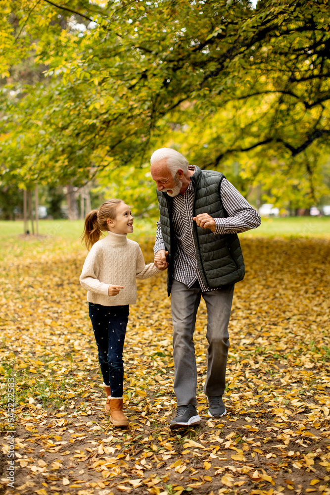 Grandfather spending time with his granddaughter in park on autumn day