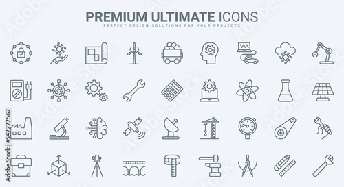 Automation in industry, manufacture production and engineering thin line icons set vector illustration. Abstract outline civil construction, machine assembly, AI smart technology and equipment