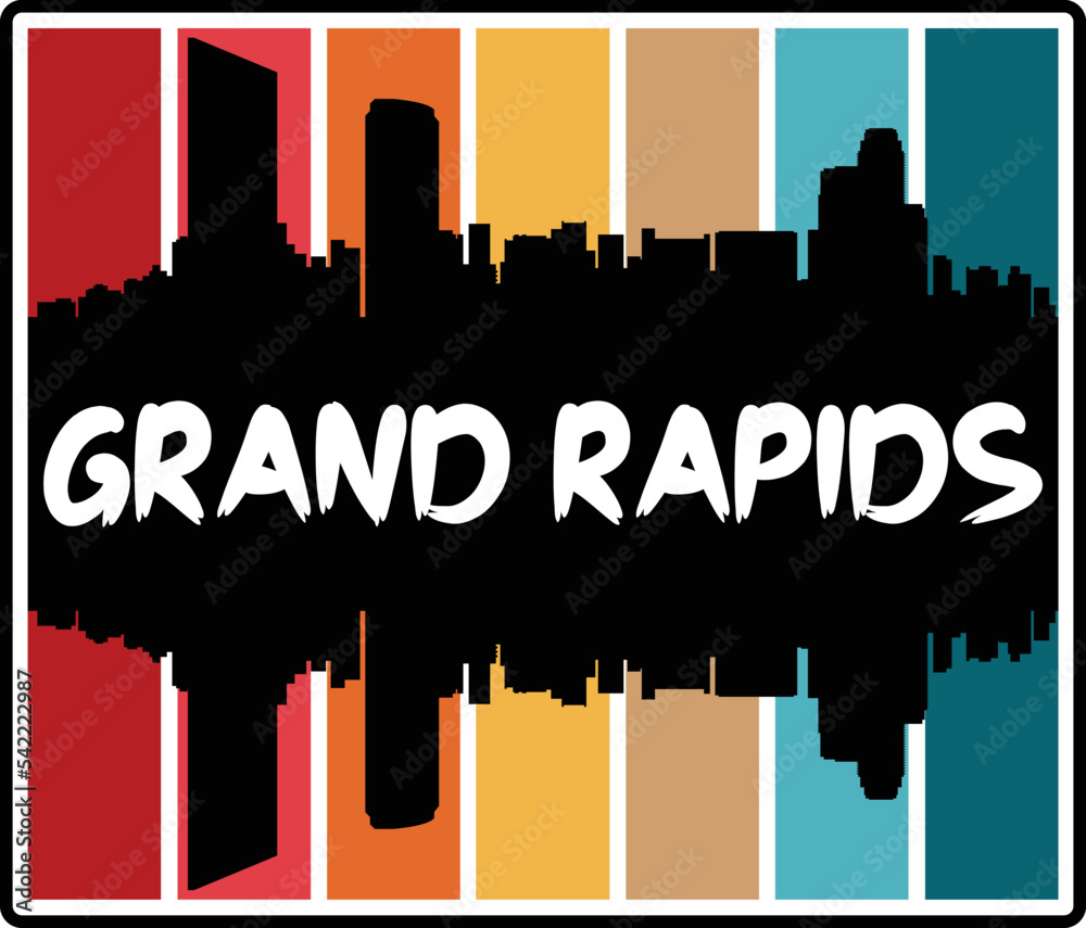 Grand Rapids Michigan USA Skyline Sunset Travel Souvenir Sticker Logo Badge Stamp Emblem Coat of Arms Vector Illustration EPS