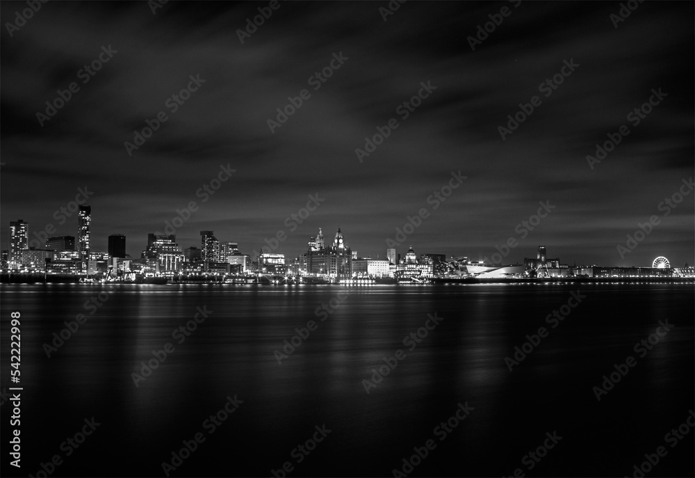 Liverpool skyline at night black and white