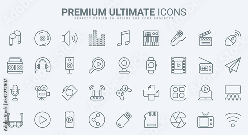 Multimedia technology, TV, video and music production thin line icons set vector illustration. Abstract outline movie cinema theatre and camera, 3D glasses and speakers, headphones and gamepad