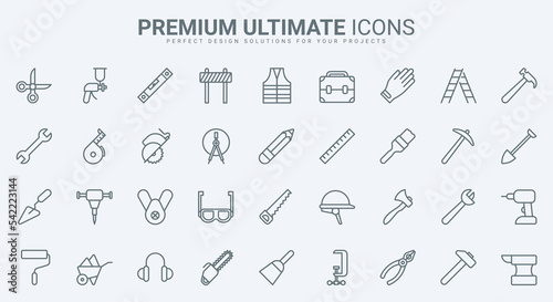Handymans tools thin line icons set vector illustration. Abstract outline maintenance and repair service, building and carpentry equipment, toolkit and instrument of worker, safety helmet and hardware