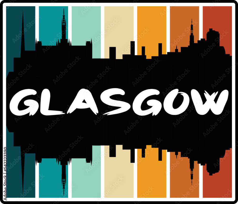 Glasgow Scotland Skyline Sunset Travel Souvenir Sticker Logo Badge Stamp Emblem Coat of Arms Vector Illustration EPS