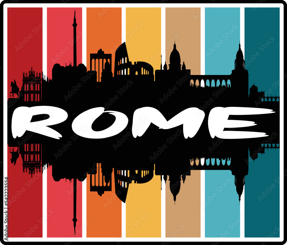 Rome Italy Skyline Sunset Travel Souvenir Sticker Logo Badge Stamp Emblem Coat of Arms Vector Illustration EPS