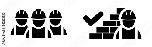 Building contractors and brick wall with check mark icon set. Good work of industrial worker. Construction workers symbol. Approved work. Builders icons in black Vector illustration for graphic design
