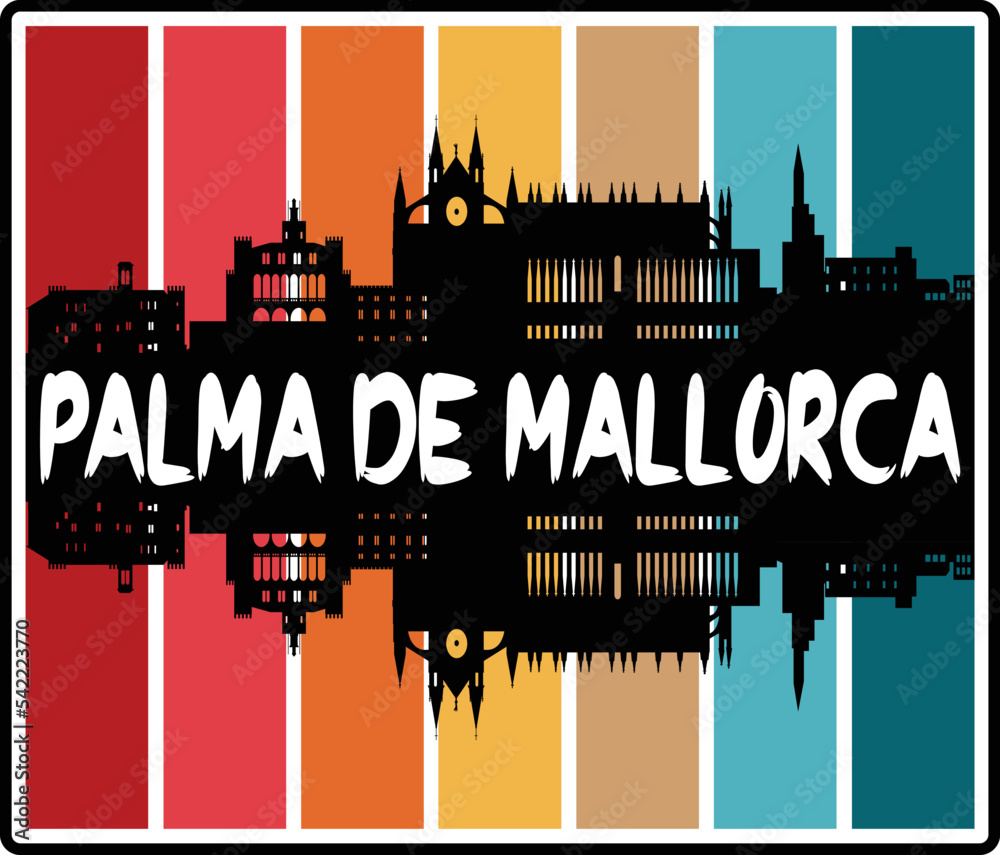 Palma De Mallorca Spain Skyline Sunset Travel Souvenir Sticker Logo Badge Stamp Emblem Coat of Arms Vector Illustration EPS