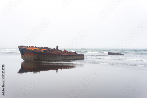 Fototapeta Naklejka Na Ścianę i Meble -  rusty shipwreck, fragments of a ship washed ashore against a foggy seascape