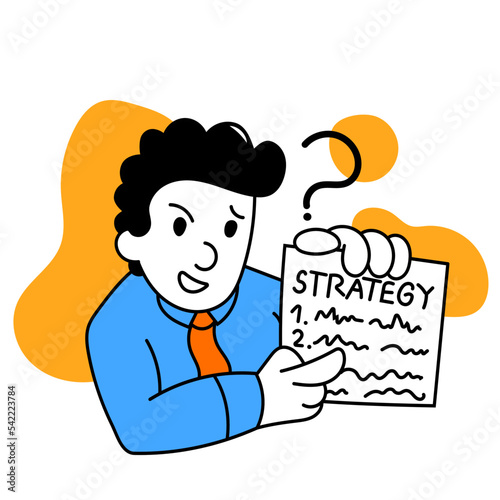 Business strategy. Vector illustration with young ambitious smart manager in different business processes. Business, finance, minimalism, team, managment and target