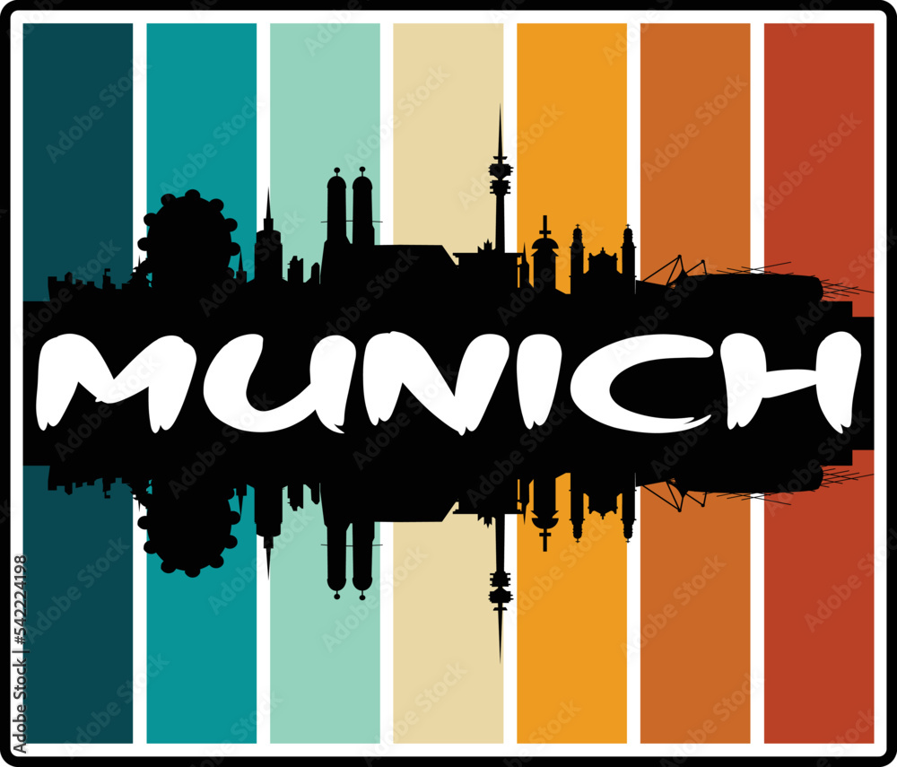 Munich Germany Skyline Sunset Travel Souvenir Sticker Logo Badge Stamp Emblem Coat of Arms Vector Illustration EPS