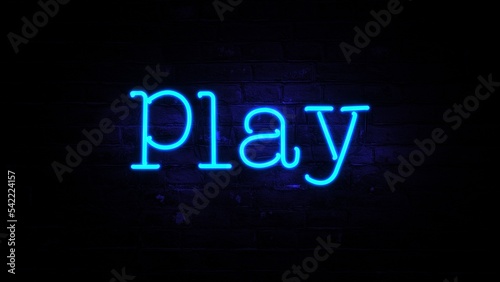 Blue neon light of play word on black brick wall. 3d render
