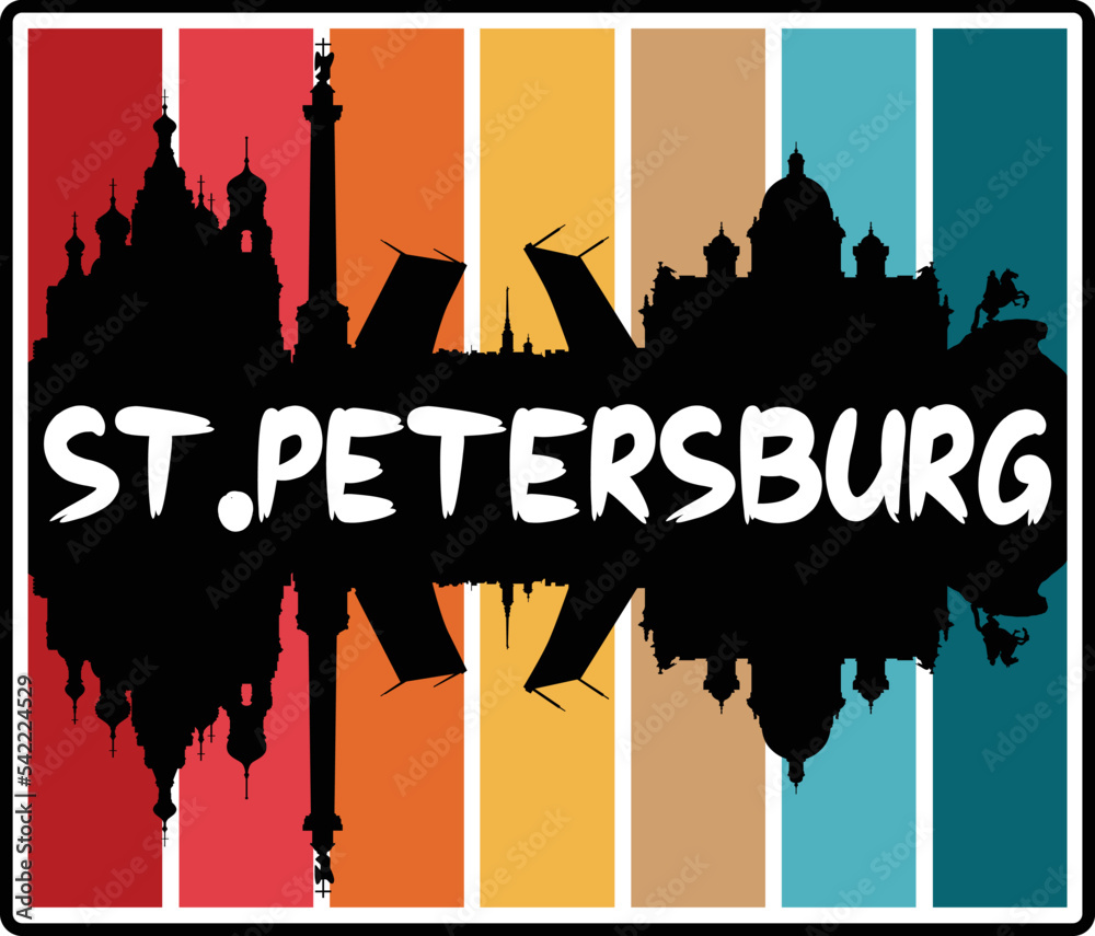 St.Petersburg Russia Skyline Sunset Travel Souvenir Sticker Logo Badge Stamp Emblem Coat of Arms Vector Illustration EPS