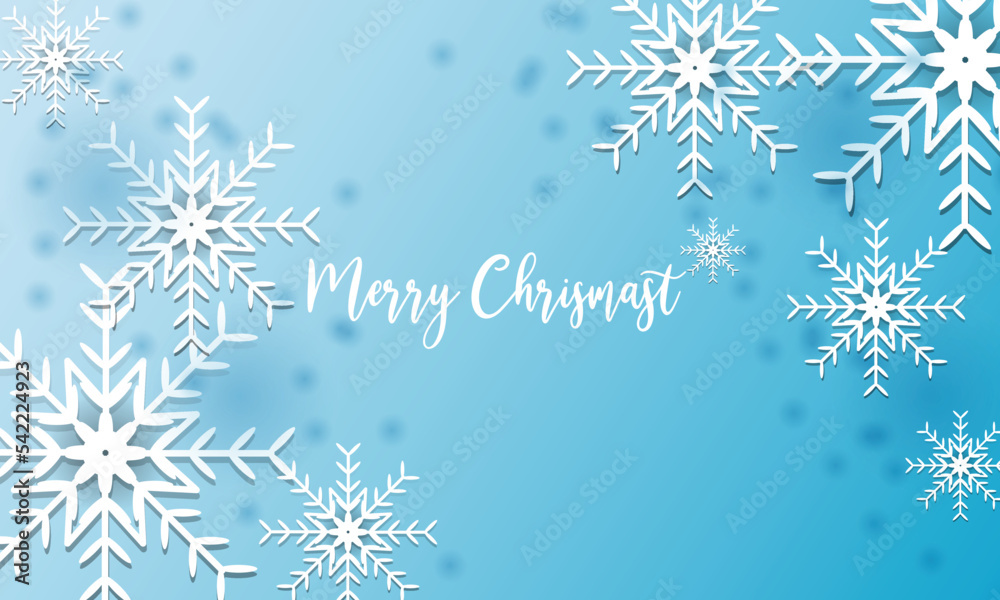 Vector Merry Christmas and Happy New Year greeting card design with white layered paper cut snowflakes on dark blue background. Seasonal holidays paper art banner, poster