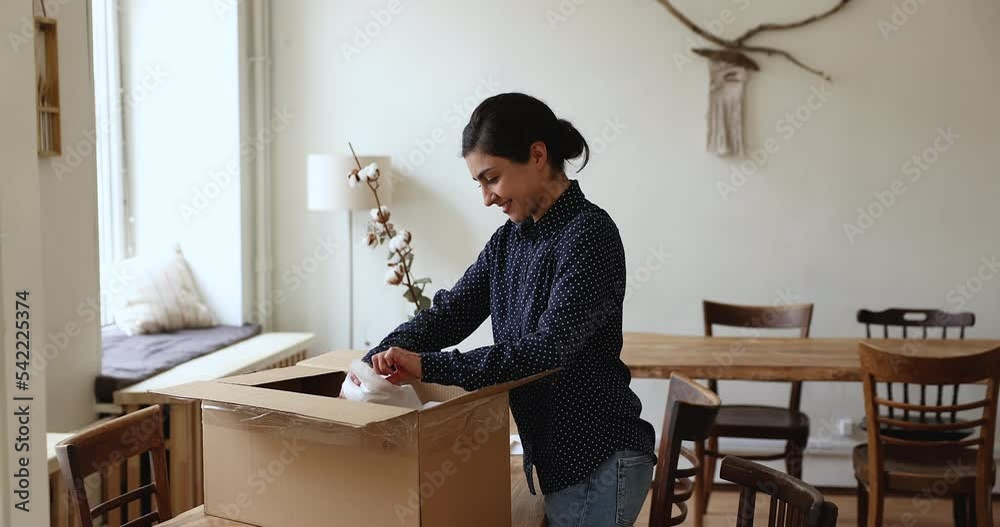 Indian woman unpack parcel takes out candle home accessories smile enjoy e-shopping things. Young attractive female unboxing personal belongings at relocation day standing in domestic room feels happy Indian woman unpack parcel takes out candle home accessories smile enjoy e-shopping things. Young attractive female unboxing personal belongings at relocation day standing in domestic room feels happy