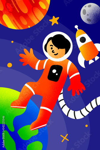 The childish astronaut on space illustration for background. Cute kids drawing with grain and grunge texture stye