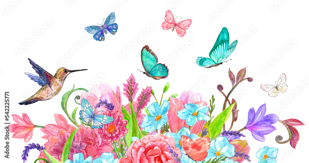 watercolor flowers. colorful floral arrangement with flying butterflies and hummingbird. png