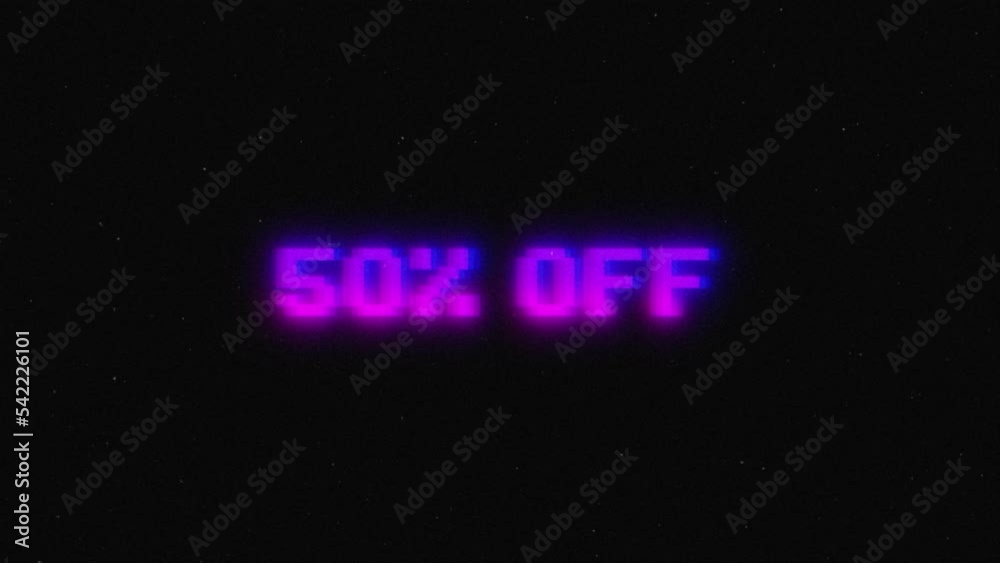 50 percent off discount sale, neon glitch banner on black background. Promotion sale discount glowing message. 50 percent off discount sale, neon glitch banner on black background. Promotion sale discount glowing message.