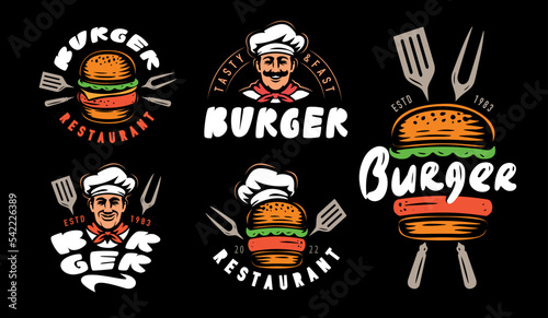Burger badge set. Fast food emblem and logo. Collection of design elements for restaurant menu. Vector illustration