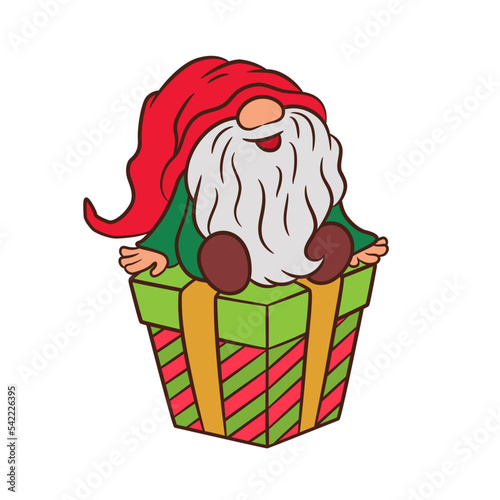 Cute Christmas gnome sitting on a gift box. Cartoon Christmas vector illustration with little gnomie doodle character. Traditional red and green Xmas colors. Fun scandinavian gnome drawing outline.